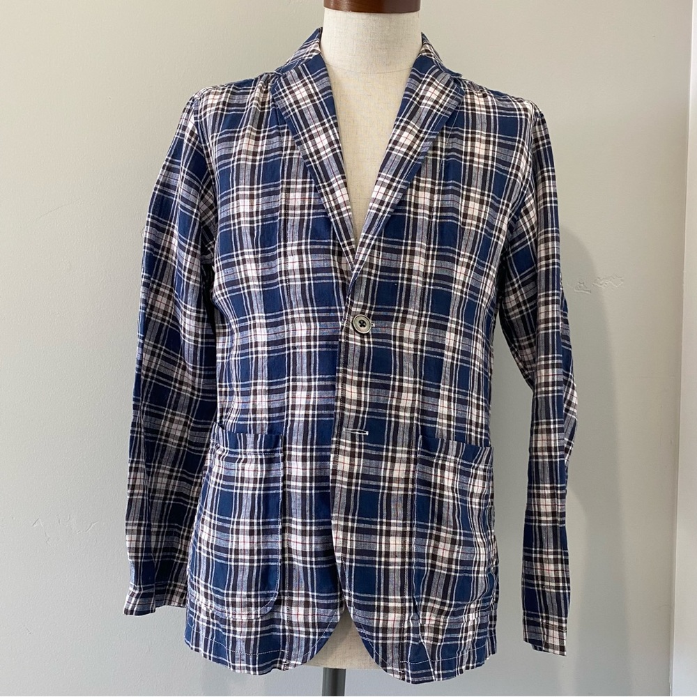 EDIFICE JAPAN men's blue/white plaid/check linen shirt jacket, JP 44 (US XS)